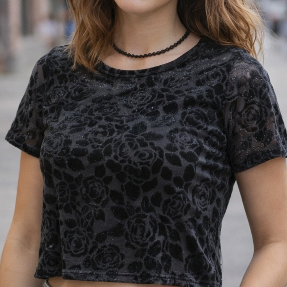 Vintage 90s Black Sheer Velvet Rose Crop Top Approx M